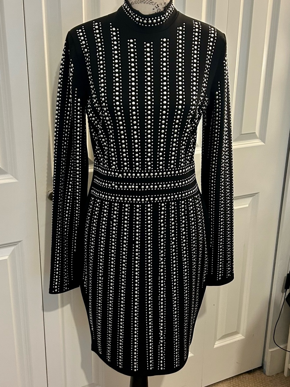 Revamped Black Studded Long-Sleeve Bodycon Dress